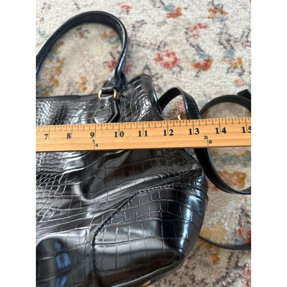 Nine West Black‎ Croc Embossed Satchel Handbag Crossbody Gold Hardware Womens